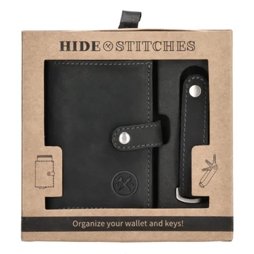 Hide and Stitches fekete szett – valódi bőr pénztárca és kulcstartó, alumíniummal, ajándékdobozban
