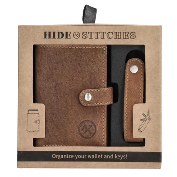 Hide and Stitches barna szett – valódi bőr pénztárca és kulcstartó, alumíniummal, ajándékdobozban