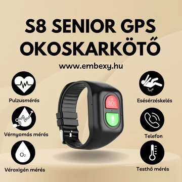 S8-F 4G senior okoskarkötő, GPS nyomkövetővel, fekete