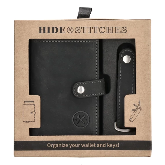 Hide and Stitches fekete szett – valódi bőr pénztárca és kulcstartó, alumíniummal, ajándékdobozban