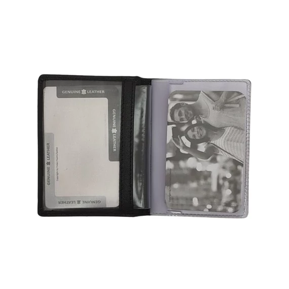 Giorgio Carelli mini kártyatartó fekete – 12 PVC betét nyitott nézet;Giorgio Carelli mini kártyatartó fekete – RFID réteg és 2 fényképtartó;Giorgio Carelli mini kártyatartó fekete – 1 cm lapos méret oldalról
