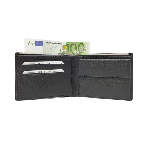 Choice 5027-es slim bőr pénztárca fekete – 1 cm oldalnézet;Choice 5027-es slim bőr pénztárca fekete – 7 kártyarekesz és patentzseb;Choice 5027-es slim bőr pénztárca fekete – 3 nyitott rekesz nézet